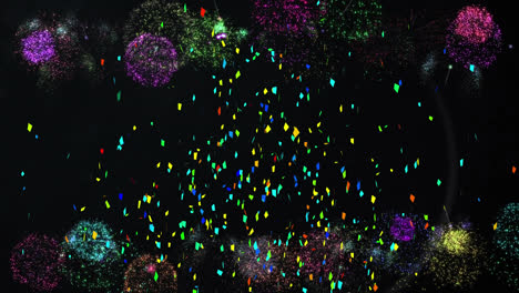 animation of multi coloured confetti and fireworks exploding on black