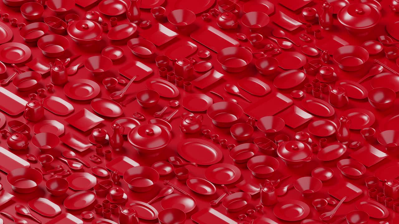 utensílios de mesa chineses tigela, xícara, panela, chaleira, pauzinhos, prato e prato dolly isométrica 3d renderização múltipla cor vermelha fundo, comida cultura asiática conceito de design animação 4k imagens looping sem costura