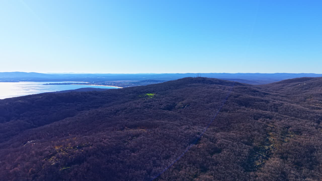 Vista di un paesaggio montano con un cielo azzurro terso e un lago visibile in lontananza durante una giornata di sole