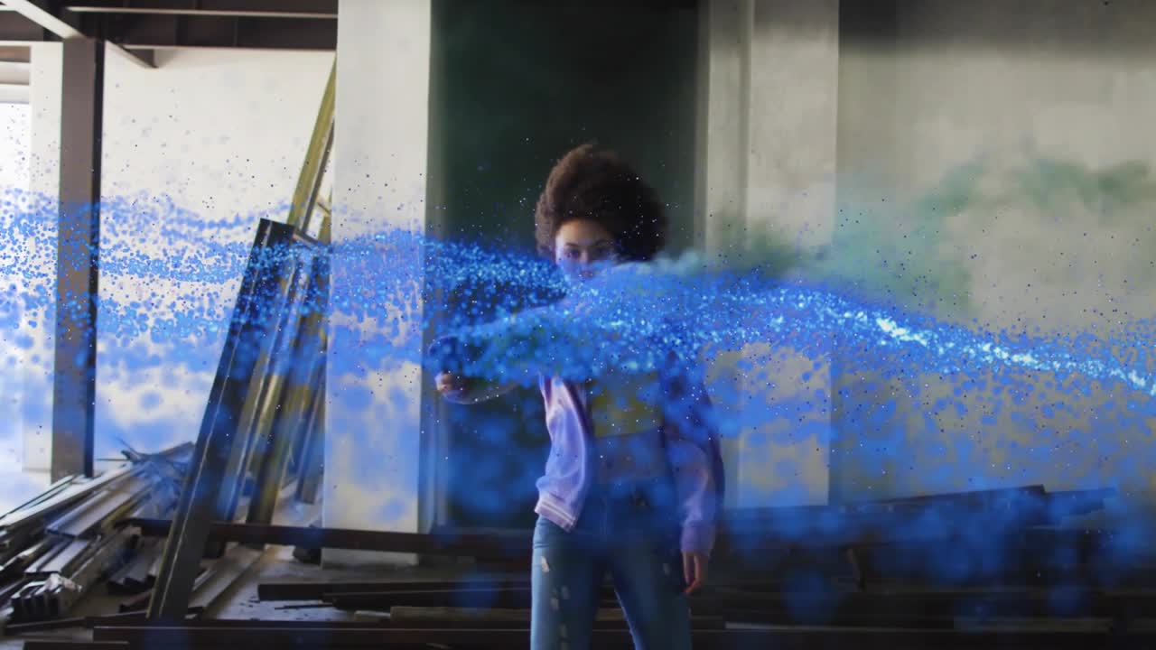 Woman pressing device, sweeping in VFX demo, generating blue stream crossing body and green smoke