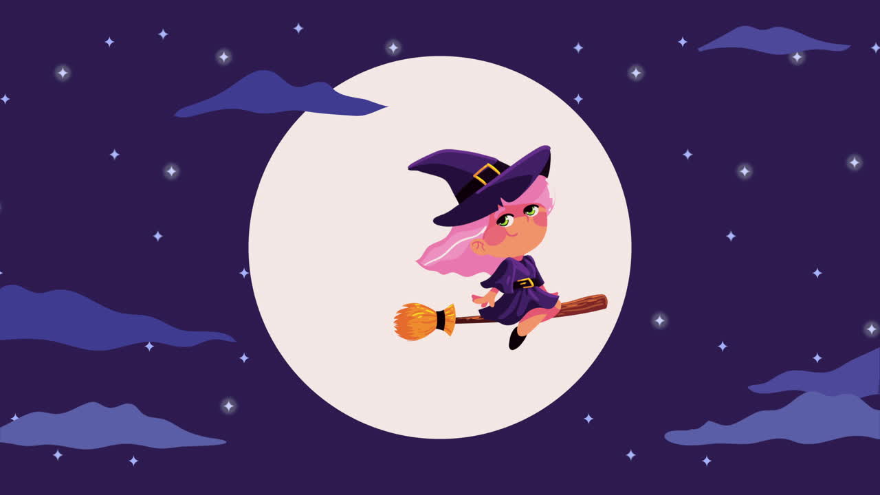 feliz animación de halloween con la bruja volando
