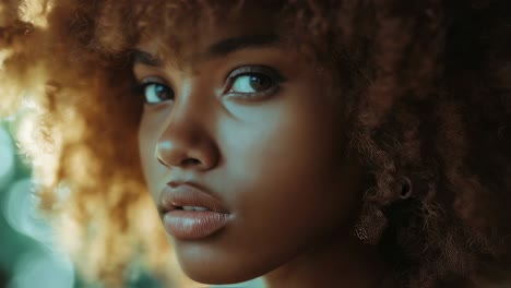 close-up portrait of a woman with curly hair