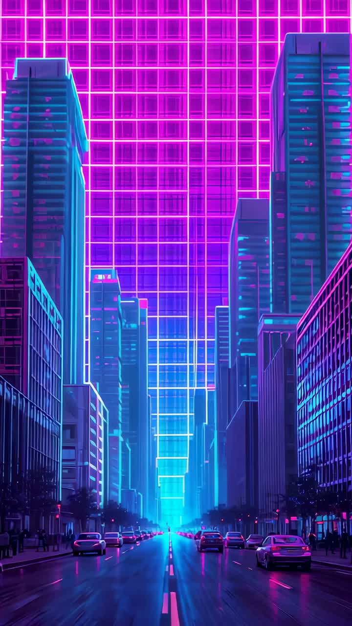 Vertical video: Moving camera forward, downtown neon road heading to magenta grid tower, cars lit