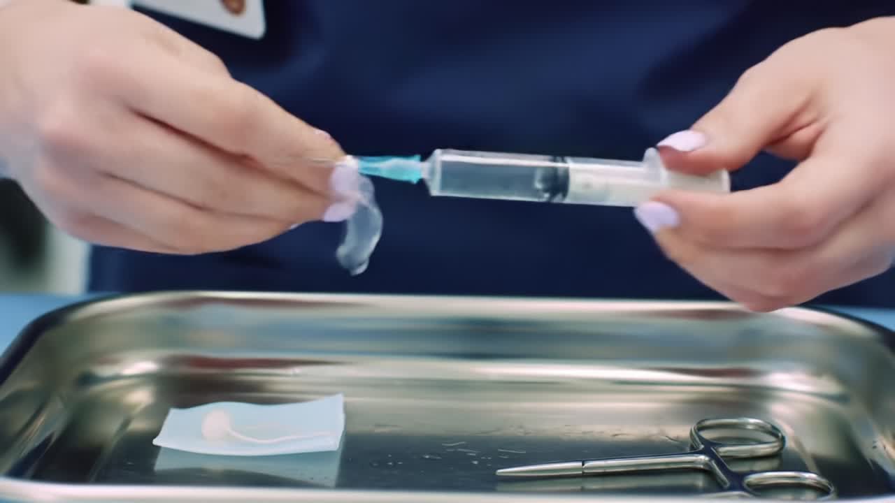 A Close-Up of Medical Preparation: Hands Handling a Syringe with Careful Precision, Showcasing a Clean Environment and Surgical Instruments in View