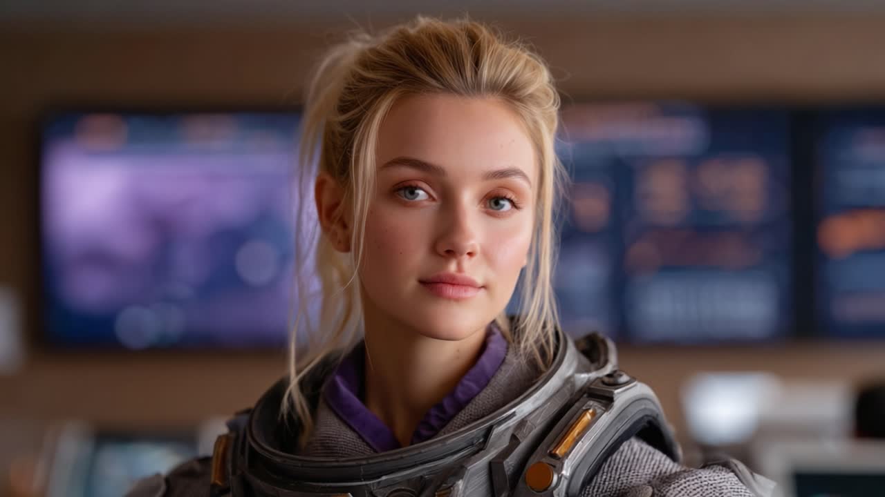 A contemplative young woman in a futuristic spacesuit, set against a backdrop of high-tech displays, exudes confidence and curiosity about the unknown
