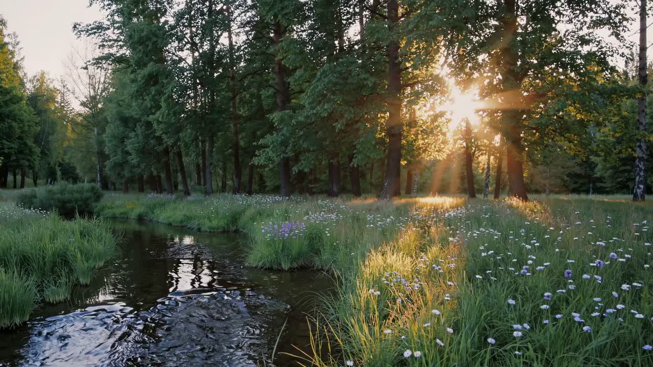 Serene nature video with a low-angle view of a sunlit forest stream, capturing tranquil reflections