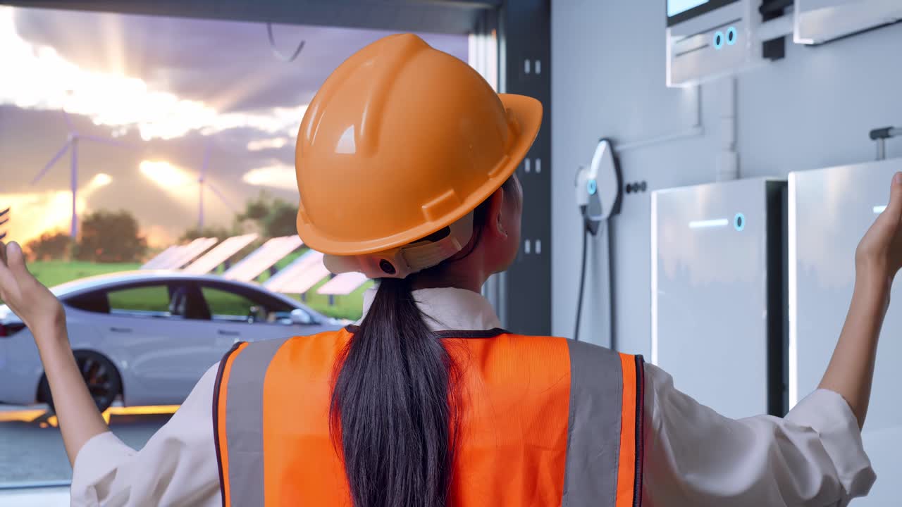 Close Up Back View Of A Female Engineer With Safety Helmet Spreading Arms With Home Energy Storage System In a Modern Garage