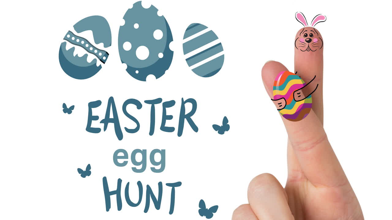 Animation of easter egg hunt and fingers with easter decorations on white background