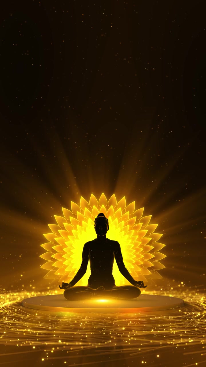 Scena di meditazione futuristica. Onde di energia digitale e onde di energia cosmica. Spazio digitale per il benessere.