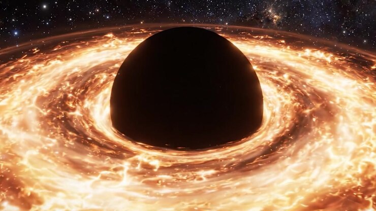 A mesmerizing visualization of a black hole's event horizon surrounded by a swirling accretion disk, showcasing the intricate patterns of cosmic energy and matter in space.