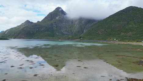 Lagoon,-Nature-and-Fjords-in-Raften,-Lofoten-Islands,-Norway---Aerial-4k