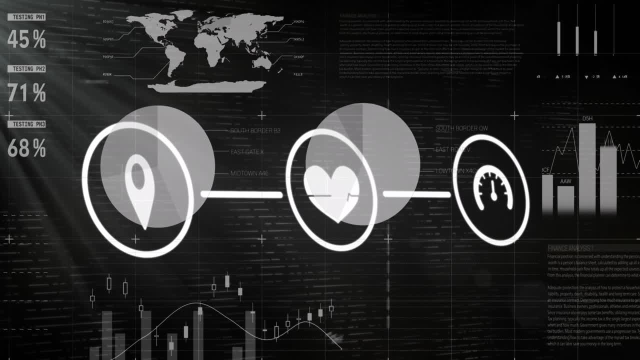 어두운 구름 하늘 위에 인포그래픽 인터페이스와 연결된 아이콘의 애니메이션