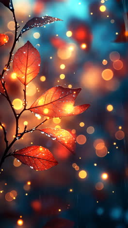 autumn leaves glistening with raindrops and soft bokeh lights