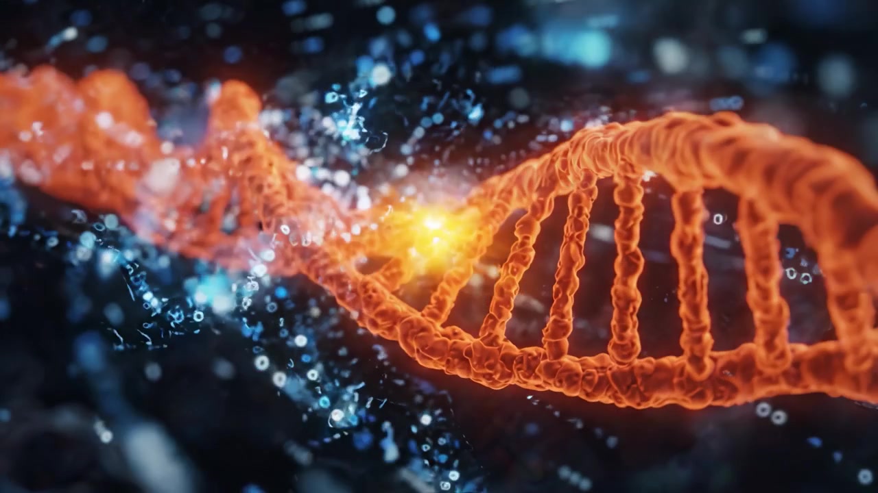Upea visuaalinen tutkimus DNA-kaksoiskierteen rakenteesta, korostaen monimutkaisia kuvioita ja datan esityksiä geenitieteessä ja modernissa teknologiassa.