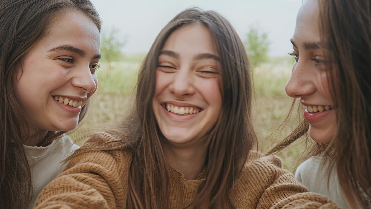 Levantando el teléfono, la amiga del centro toma una selfie de tres amigas riendo en un campo de hierba, una de ellas con un suéter de punto marrón.