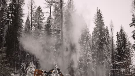 industrial timber manipulator saw machine takes snow-covered trees down in snowstorm, dramatic, part of a large series