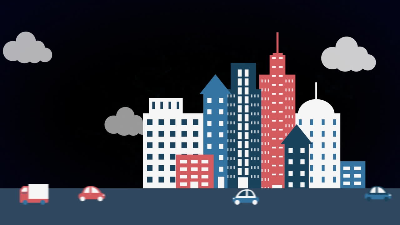 animazione di nuvole con icone digitali sul paesaggio cittadino su sfondo nero