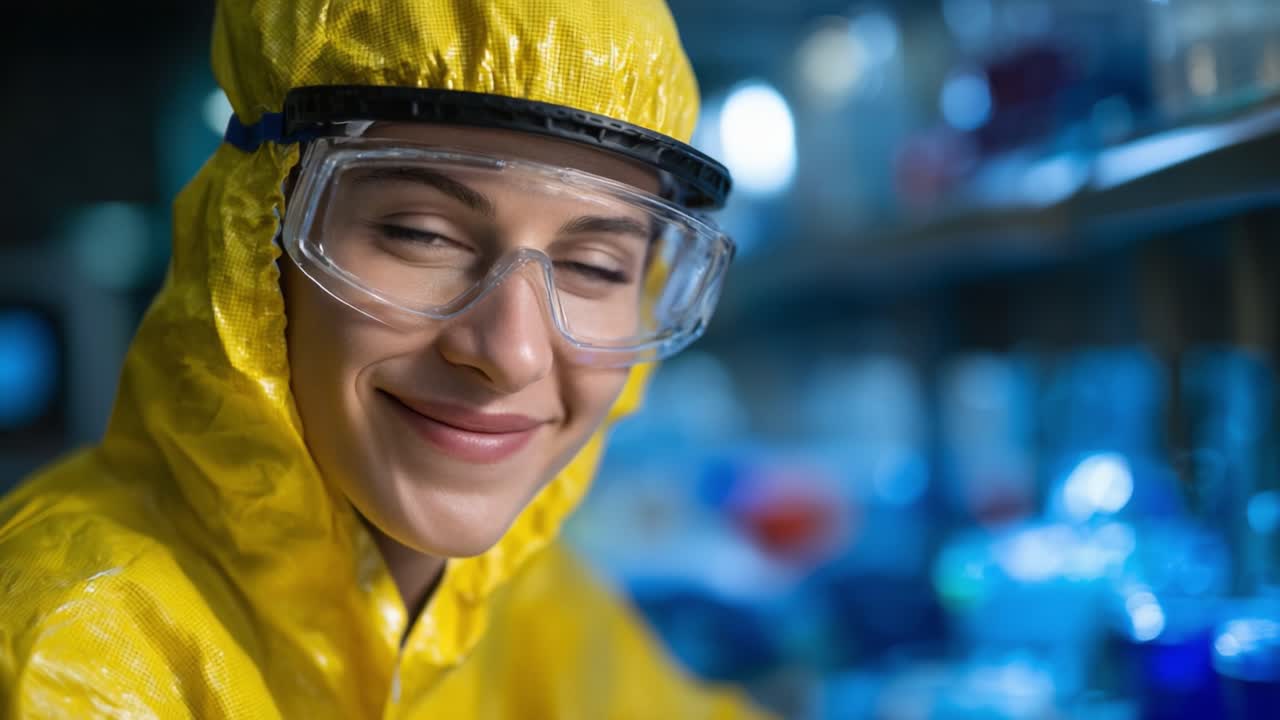 Científico concentrado con equipo de protección sonriendo mientras prepara un experimento en un entorno de laboratorio, destacando los protocolos de seguridad y el compromiso con la excelencia en la investigación