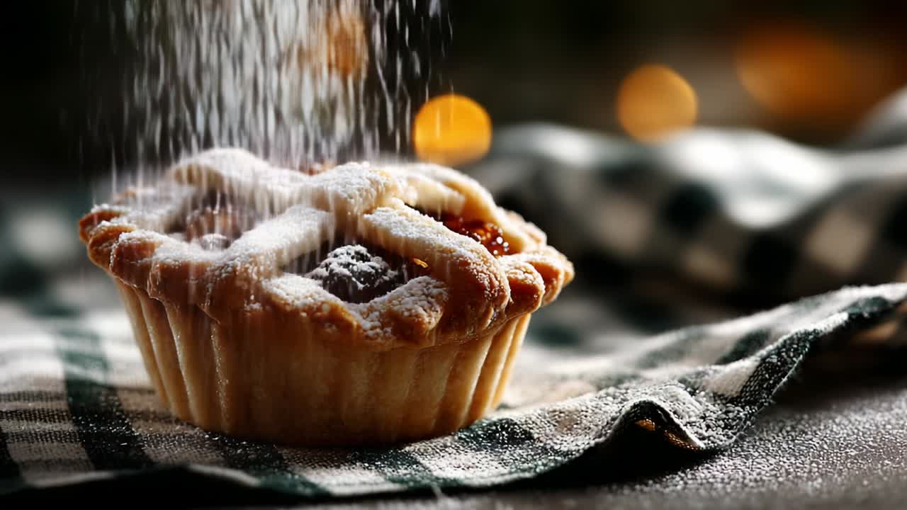 Deliciously Baked Mini Pie with Sweet Filling and Powdered Sugar, Artfully Placed on a Checkered Cloth, Evoking a Warm and Cozy Atmosphere Perfect for Any Season or Celebration