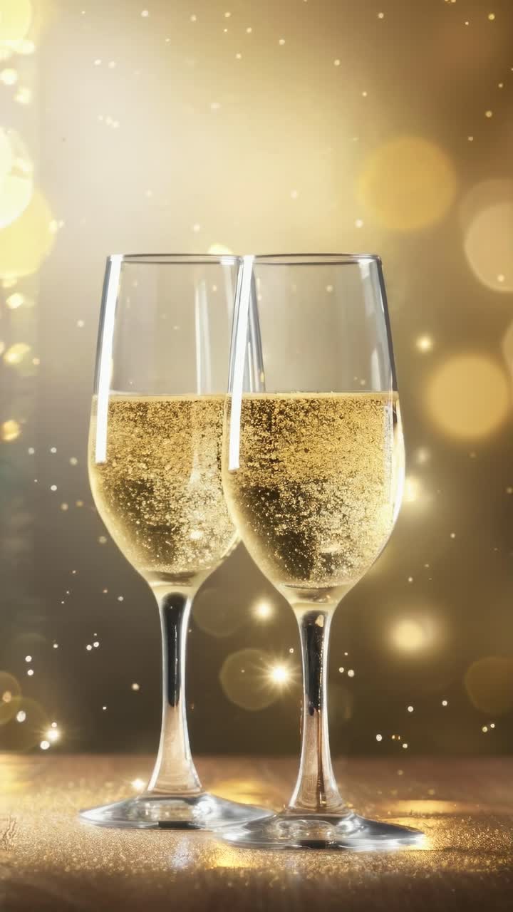 Close-up video shot of two champagne glasses on a wooden table, capturing bubbles and golden bokeh