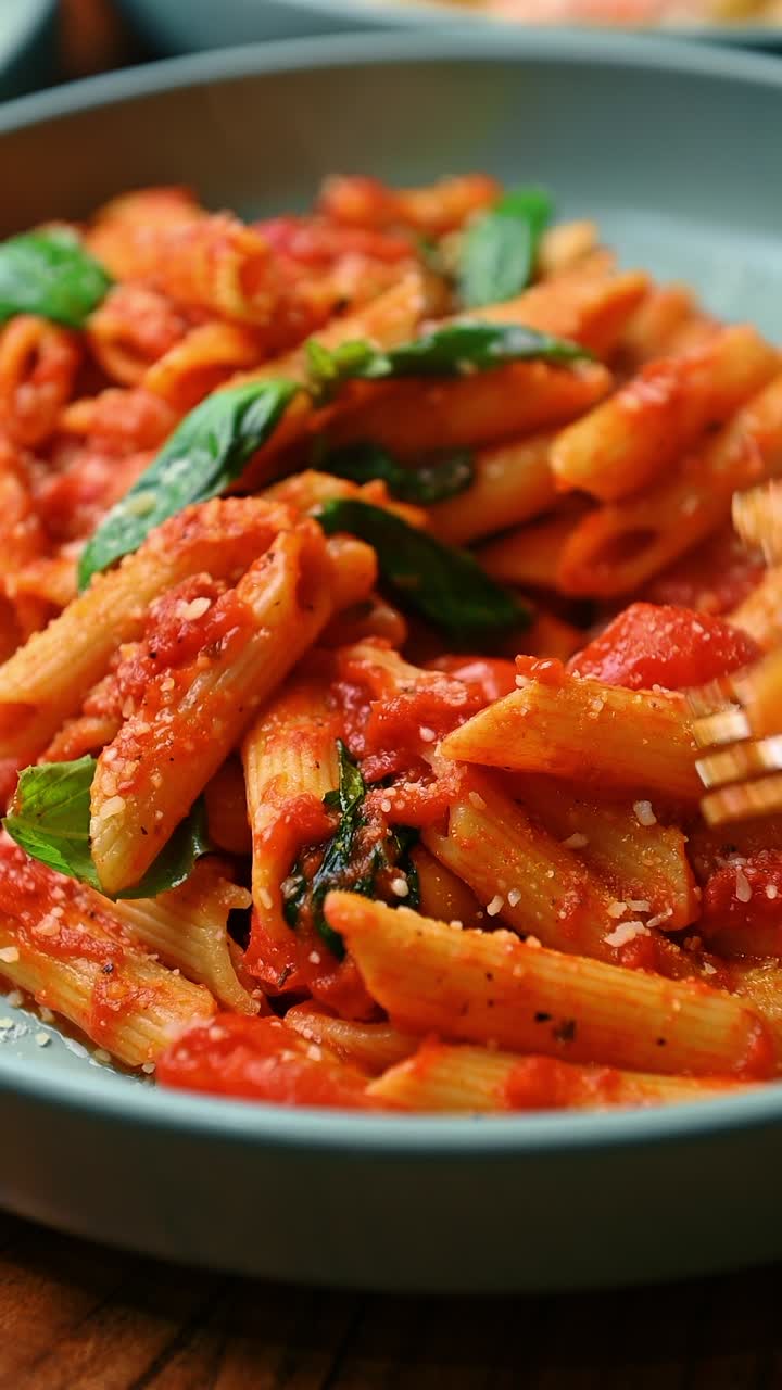 Penne al sugo di pomodoro con basilico fresco e parmigiano. Scatto macro di penne ricoperte di salsa di pomodoro rosso con pomodorini, foglie di basilico verde e formaggio grattugiato.