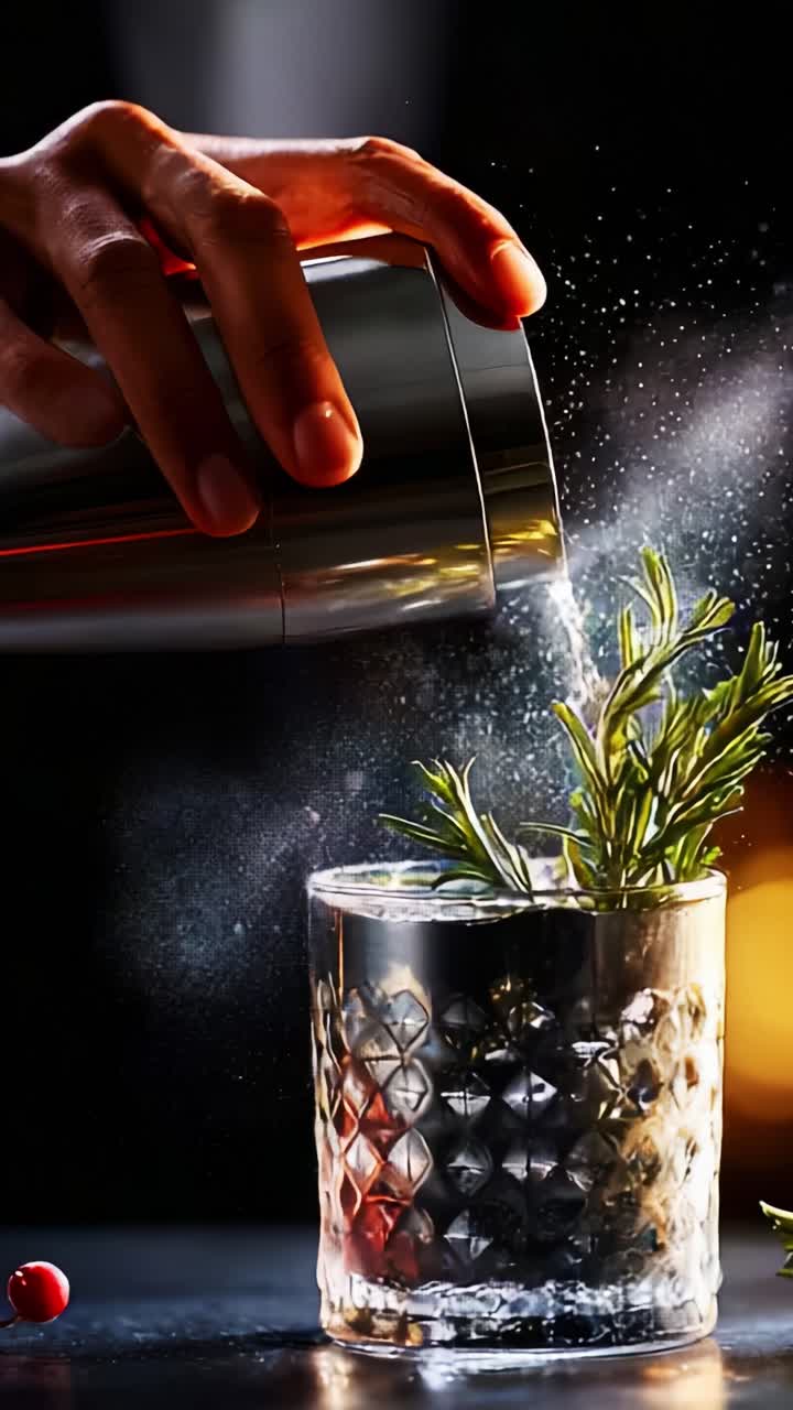 Un'affascinante scena di mixology, che mostra l'arte della preparazione di cocktail con rosmarino fresco a guarnire un bicchiere, evidenziando l'abilità artigianale del bartending