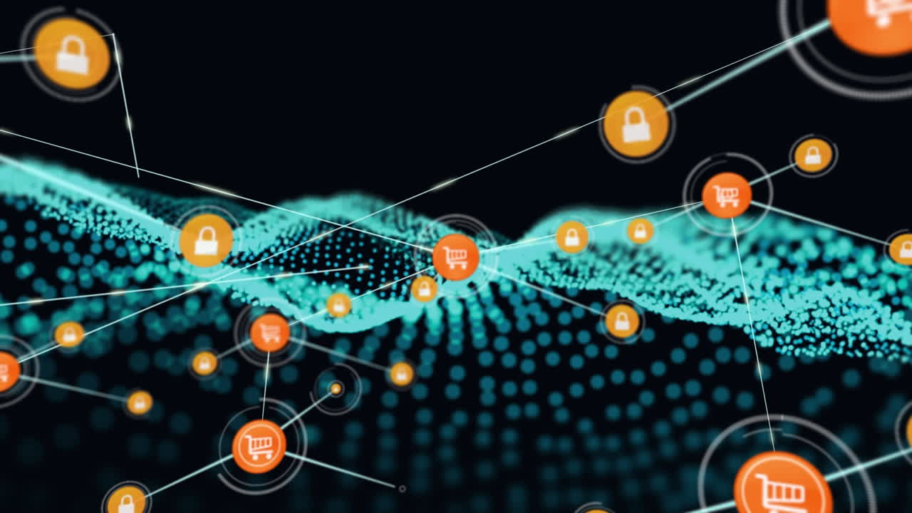 Animation of network of connections with digital icons over green mesh