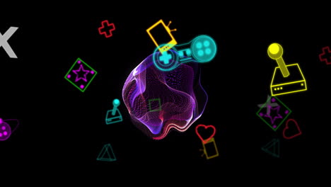 animation of colourful shapes moving and gaming icons on black background