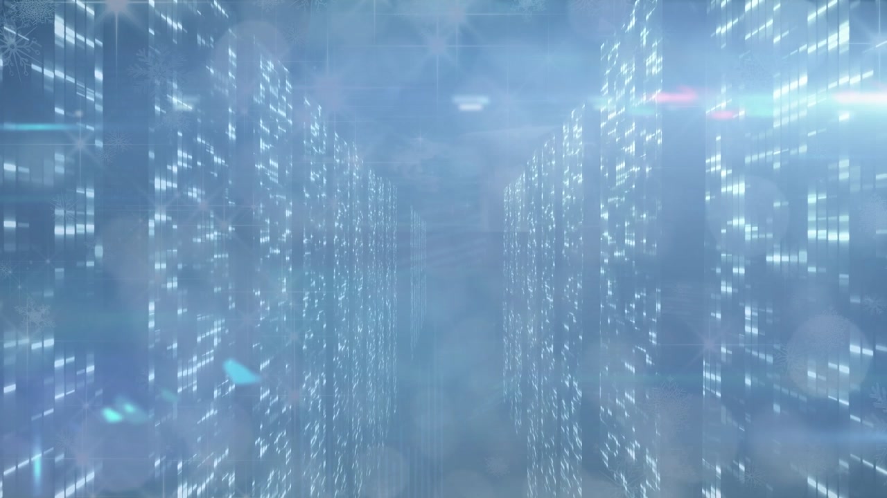 Animation of lights over data processing on blue digital space
