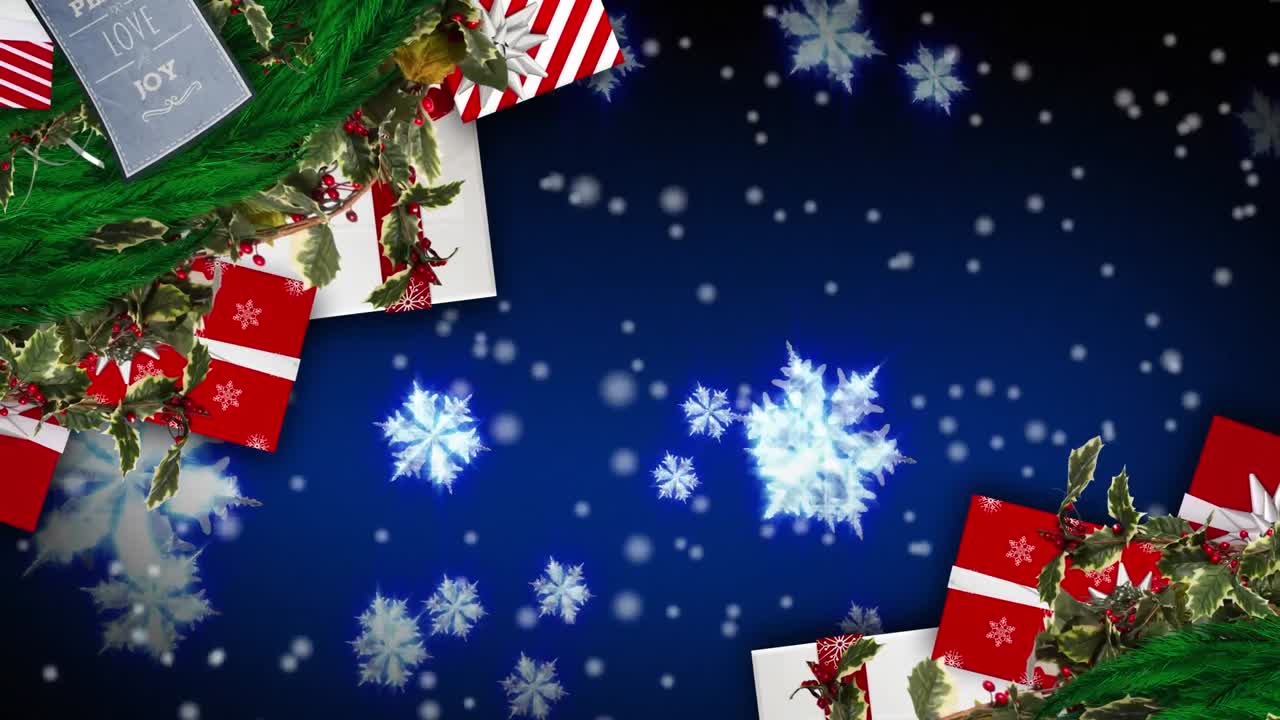 내리는 눈 위에 크리스마스 장식의 애니메이션