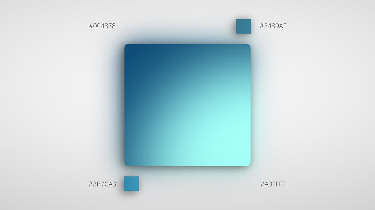 A looping animation showcases an abstract color palette UI, where a glowing blue-to-teal card shifts in smooth motion as small swatches hover and cycle through luminous tones