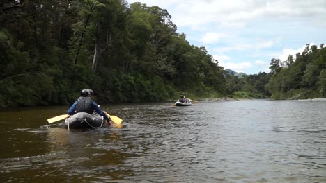 slowmo - two people paddle kayaks beautiful blue pristine clear pelorus river, new zealand with native lush forrest in background