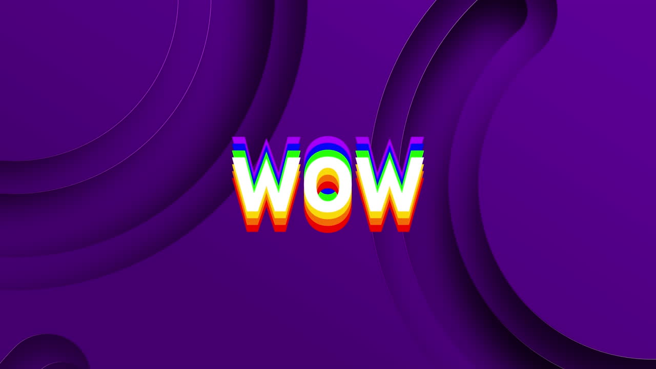 animación digital del efecto arco iris wow texto contra formas circulares cortes en fondo púrpura