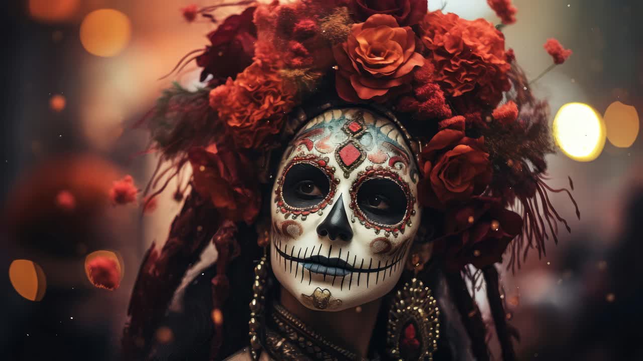 A vibrant, close-up video still of a person in Day of the Dead makeup and floral headdress