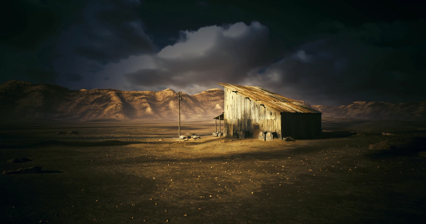 Desert cabin illuminated by warm sunlight amidst distant hill ranges