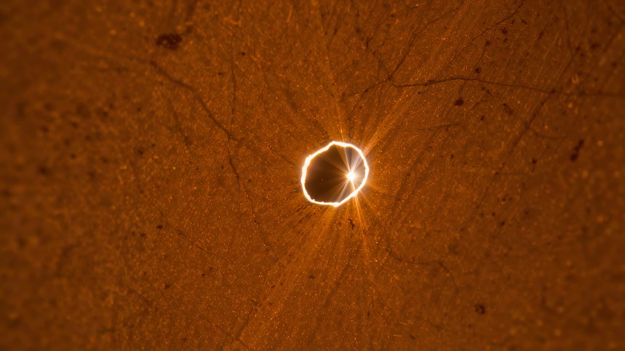 Showing bright ring emitting growing right flare on coarse orange surface, point light making rays