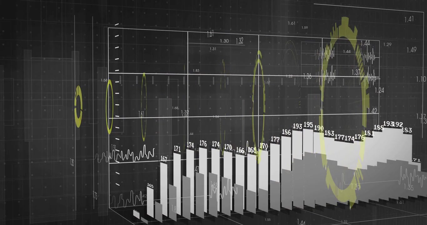 Sentralt HUD roterer, bryter opp i ringer, starter 3D-reise mens søyler stiger og visualiserer data.