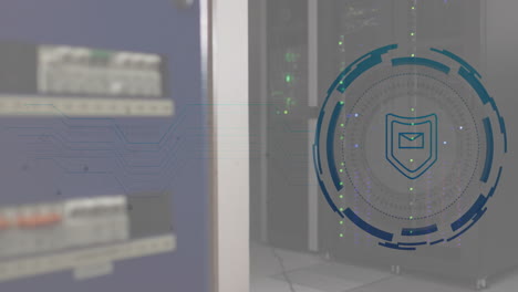 Animation-of-shield-and-digital-data-processing-over-computer-servers