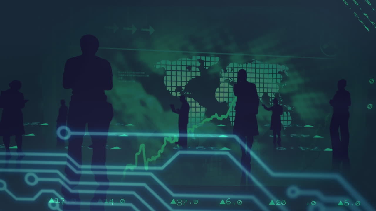 Animation of data processing and world map over business people