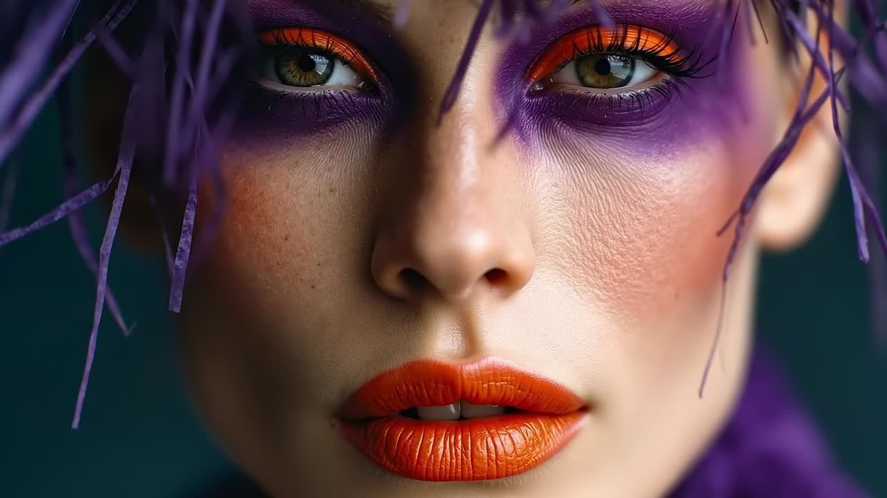 A woman with purple feathers on her face and orange lipstick