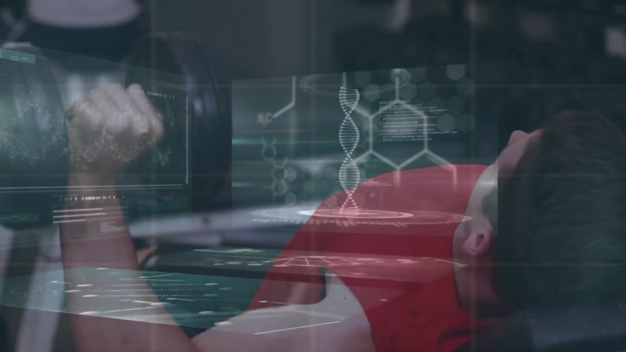 체육관에서 백인 남성에 대한 데이터 처리 애니메이션