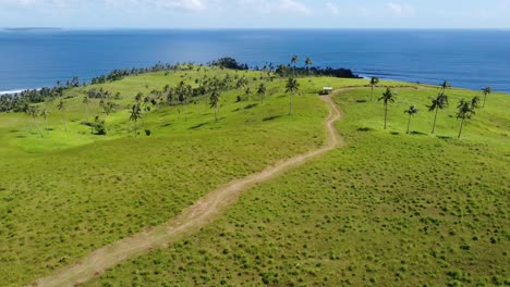 paisaje surrealista de la isla de sendero sinuoso en colinas onduladas como césped, aérea