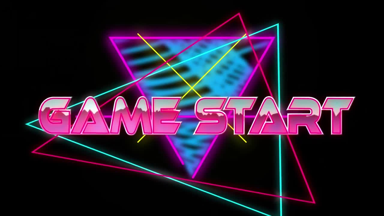 Animazione del testo "inizio gioco" su scie luminose su sfondo nero