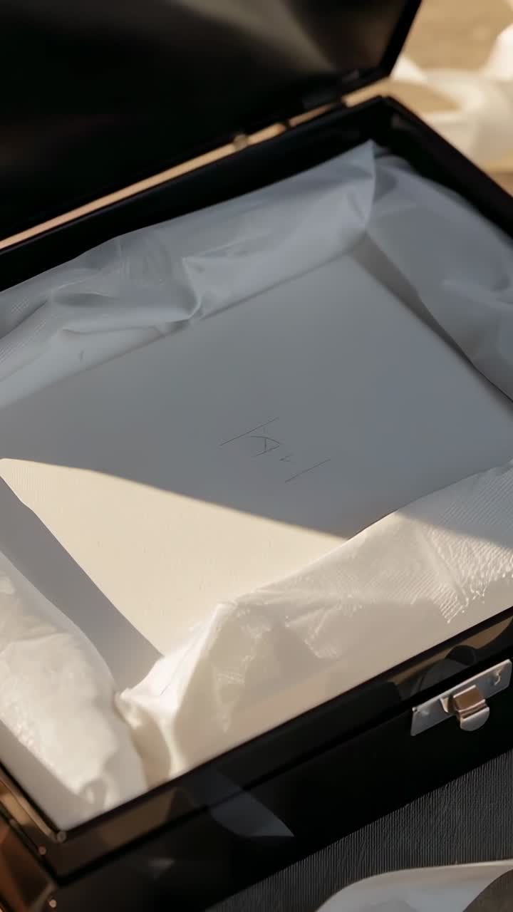 Vertical video: Cam shifting black box on mat, light moving across card and clasp showing embossing