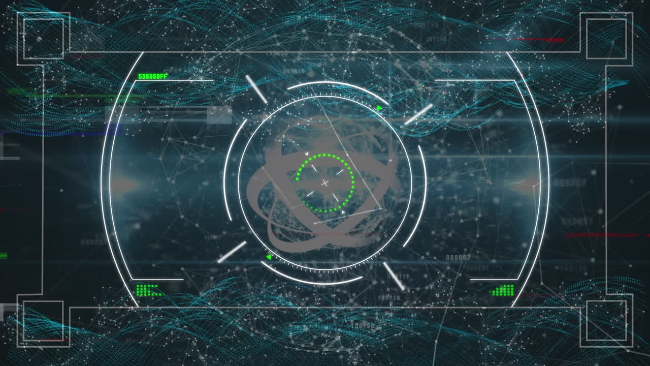 анимация сканирования объекта над абстрактной вращающейся формой и сетью соединений