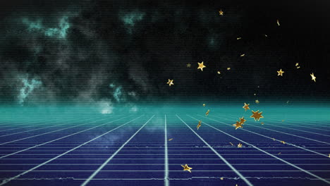 cluster of golden stars drifting across neon grid, showing glitchy scan lines and teal digital haze