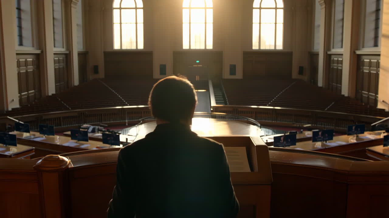 A person stands at a podium in an empty, grand assembly hall with strong backlighting