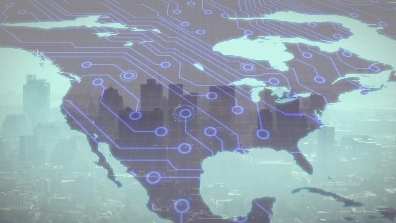 Skyline fading, North America map appearing, neon circuits pulsing, visualizing national data flow