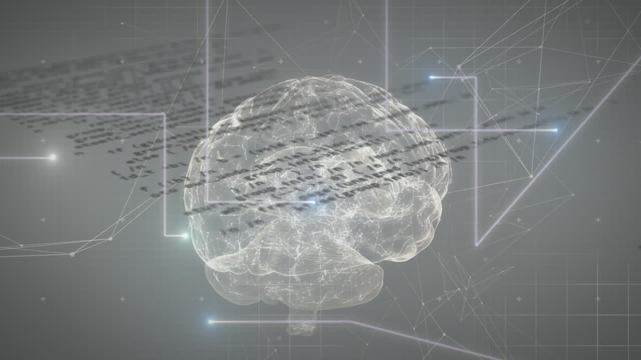 회전하는 인간 뇌 아이콘에 대한 데이터 처리 및 빛나는 연결 네트워크의 애니메이션