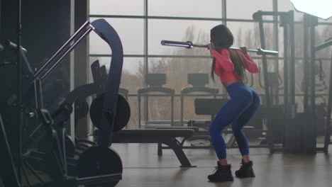 the young woman in pink top and blue leggins is doing squats with an empty bar. she is holding the bar behind her neck on shoulders.